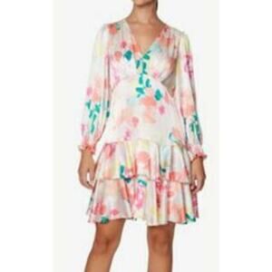 LAUNDRY Shelli Segal Sz 4 S white floral long sleeve tiered shift dress NWT B82